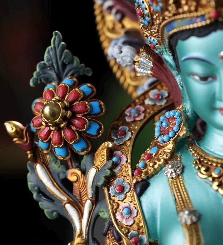 Handcrafted Green Tara Brass Statue – Nepalese Style Tibetan Buddhist Deity with Painted Back Panel (9 inch)