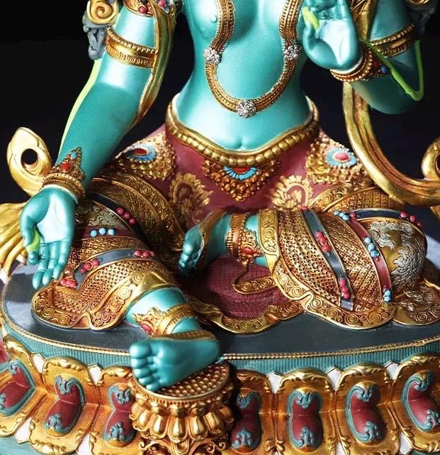 Handcrafted Green Tara Brass Statue – Nepalese Style Tibetan Buddhist Deity with Painted Back Panel (9 inch)