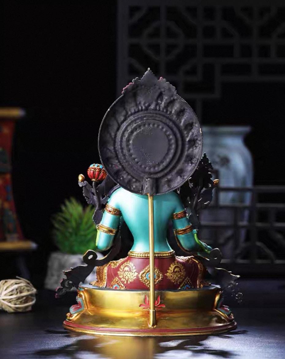 Handcrafted Green Tara Brass Statue – Nepalese Style Tibetan Buddhist Deity with Painted Back Panel (9 inch)