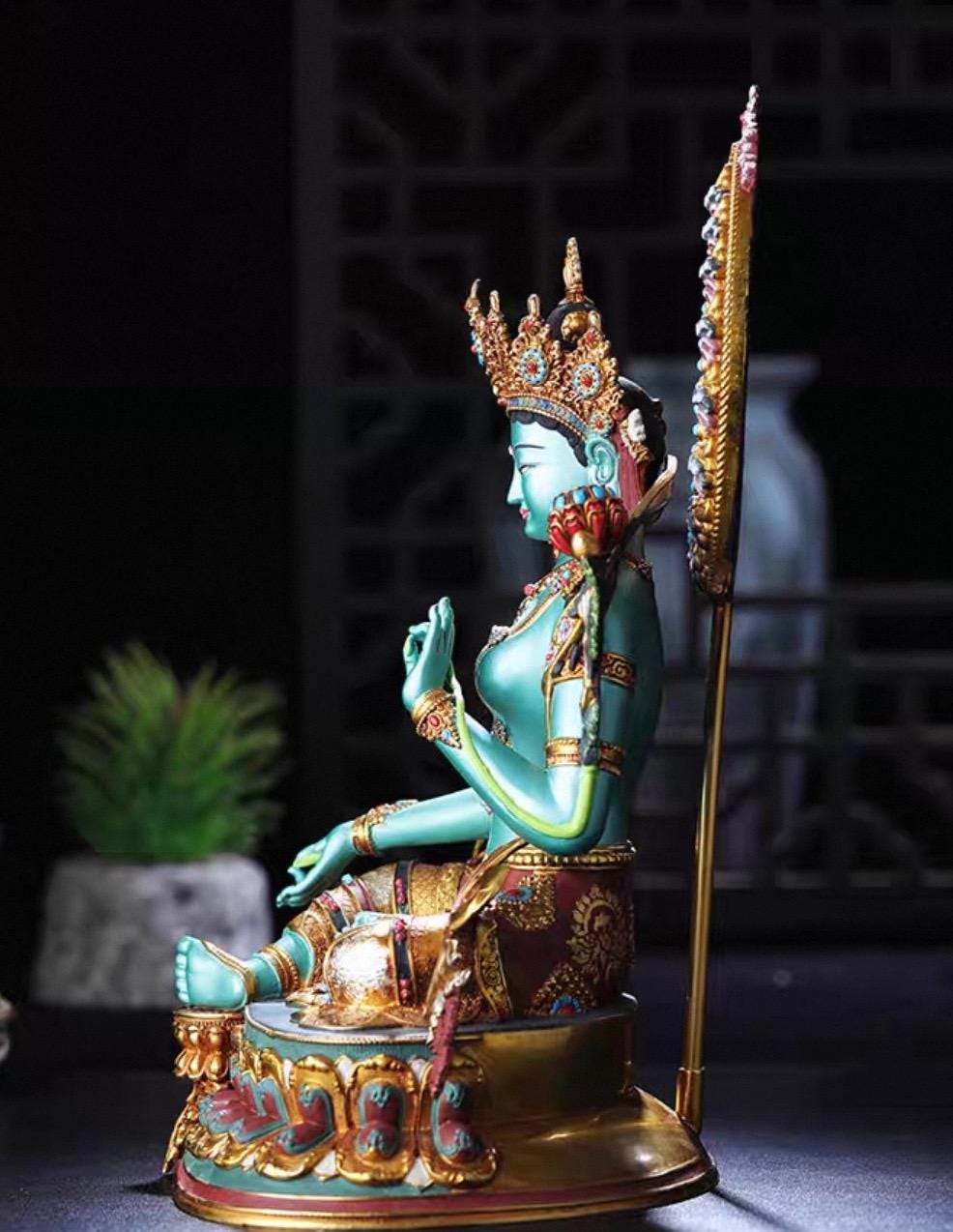 Handcrafted Green Tara Brass Statue – Nepalese Style Tibetan Buddhist Deity with Painted Back Panel (9 inch)