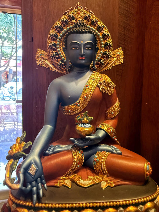 Handcrafted Blue Medicine Buddha Statue – Nepalese Style Tibetan Buddhist Deity with Painted Back Panel (9 inch)