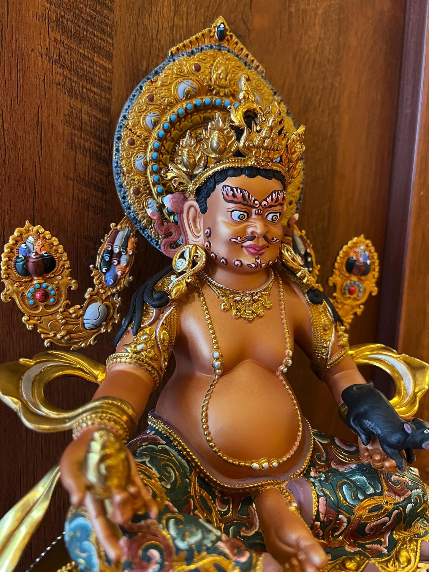 Handcrafted Yellow Dzambhal Brass Statue – Nepalese Style Tibetan Buddhist Deity with Painted Back Panel (9 inch)