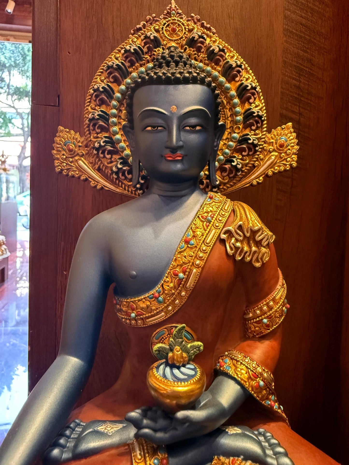 Handcrafted Blue Medicine Buddha Statue – Nepalese Style Tibetan Buddhist Deity with Painted Back Panel (9 inch)