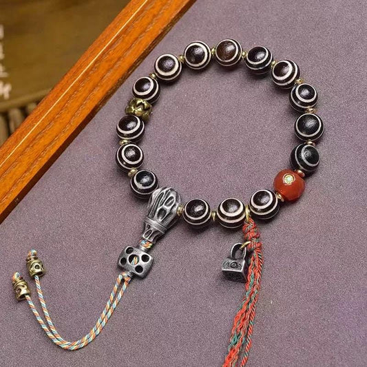 Handmade Agate Dzi Eye Bead Bracelet – Tibetan Healing Amulet, 10mm Mala Beads, Unisex Stretch Wristband, Spiritual Jewelry for Protection