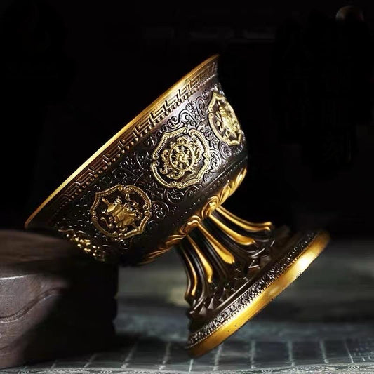Handcrafted Tibetan Vibtage Brass Offering Bowl with Eight Auspicious Symbols High-Footed Water Cup for Altar Ritual Use
