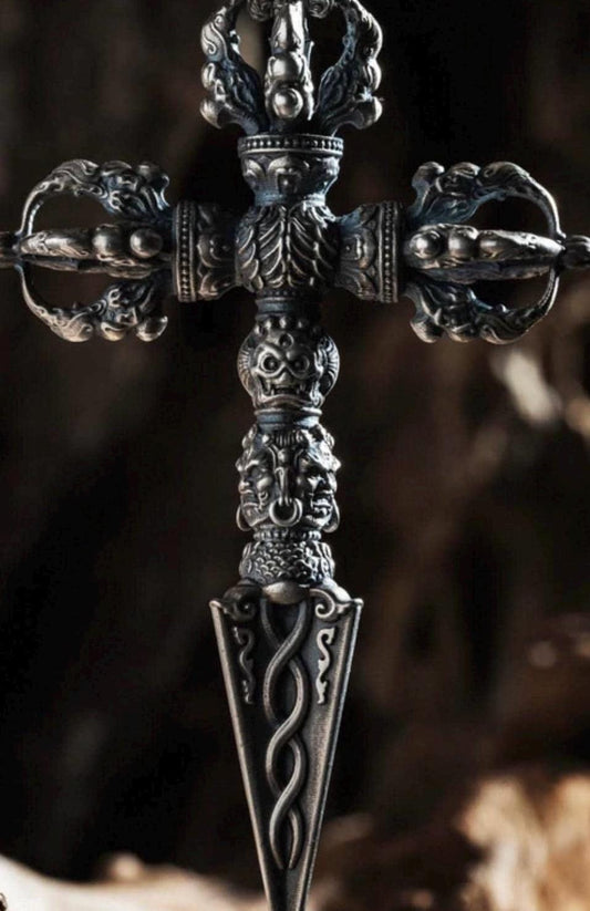 Silver Tibetan Phurba Pendant, Vajra Kila Ritual Dagger Necklace, Handcrafted Spiritual Amulet, Buddhist Jewelry Gift