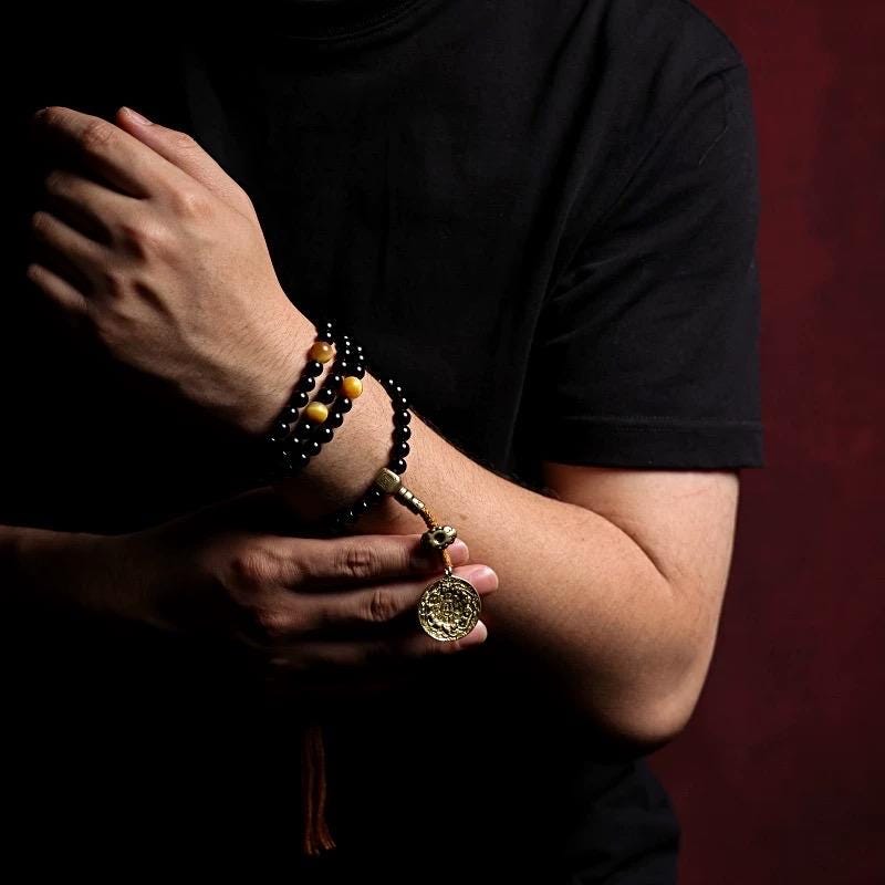 Tibetan Black Agate & Tiger Eye Mala 108 Beads Necklace Bracelet 6mm Buddhist Prayer Beads Yoga Meditation Jewelry