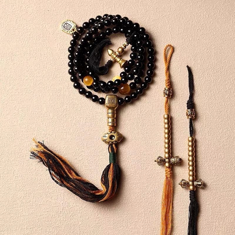 Tibetan Black Agate & Tiger Eye Mala 108 Beads Necklace Bracelet 6mm Buddhist Prayer Beads Yoga Meditation Jewelry