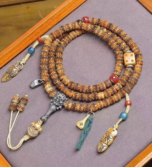 Handcrafted Reclaimed Yak Bone Tibetan Mala: Meditation Necklace Bracelet