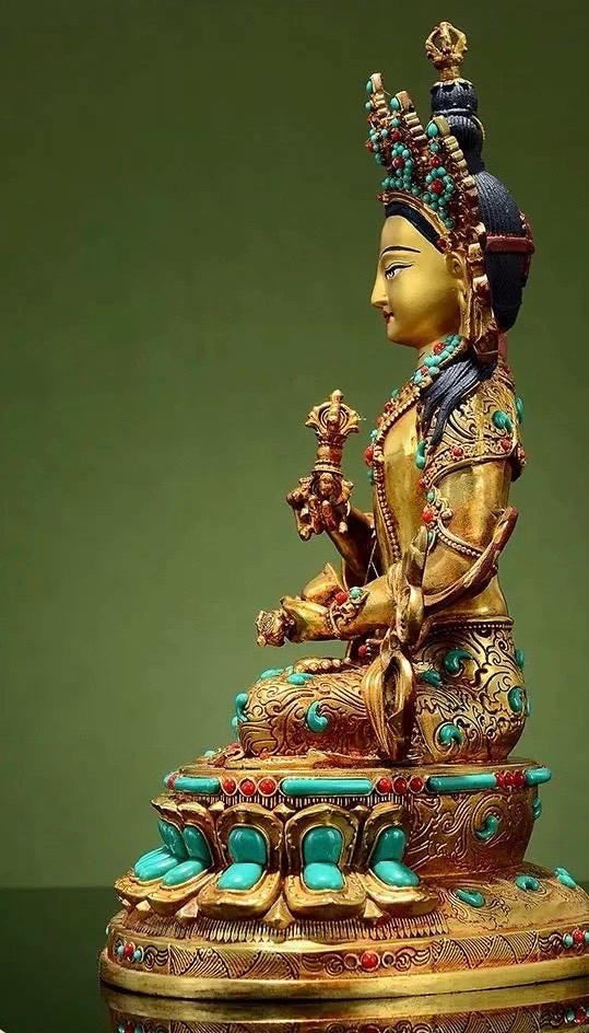 Vajrasattva Statue | Full Gilded Copper Buddha with Gem Inlay | Tibetan Buddhist Home Altar Decor