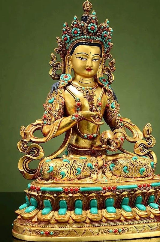 Vajrasattva Statue | Full Gilded Copper Buddha with Gem Inlay | Tibetan Buddhist Home Altar Decor