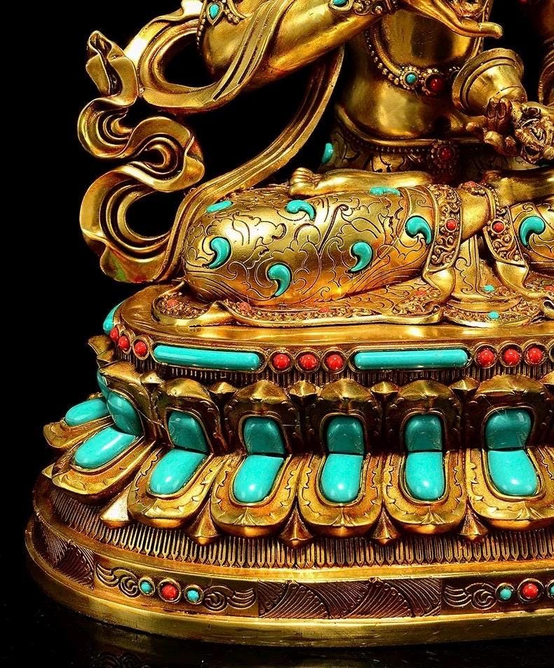 Vajrasattva Statue | Full Gilded Copper Buddha with Gem Inlay | Tibetan Buddhist Home Altar Decor