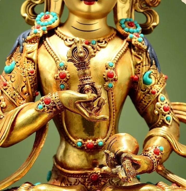Vajrasattva Statue | Full Gilded Copper Buddha with Gem Inlay | Tibetan Buddhist Home Altar Decor