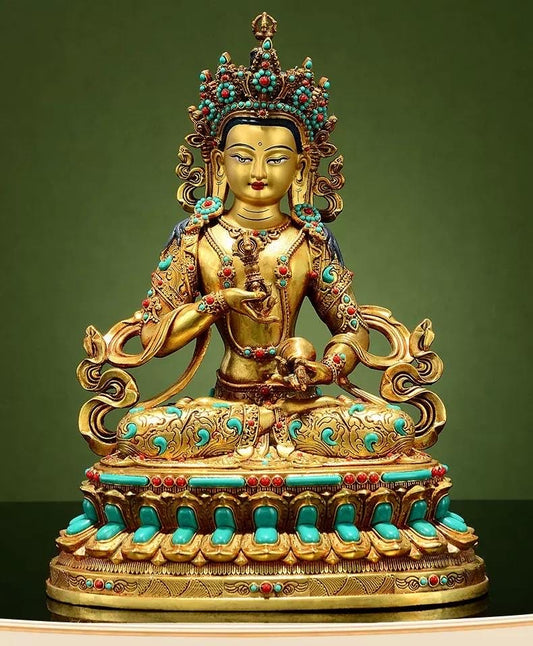 Vajrasattva Statue | Full Gilded Copper Buddha with Gem Inlay | Tibetan Buddhist Home Altar Decor