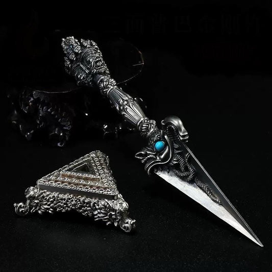 White Handcrafted 8.5” Phurba Vajra Dagger Vintage Handmade Nepal Tibetan Pure Brass Amulet