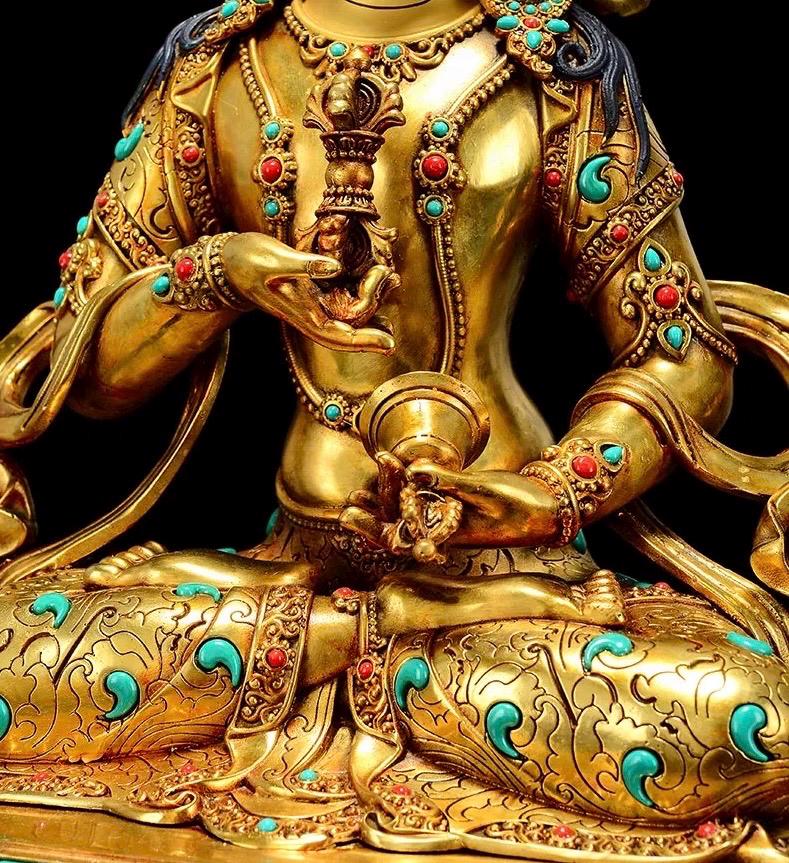 Vajrasattva Statue | Full Gilded Copper Buddha with Gem Inlay | Tibetan Buddhist Home Altar Decor