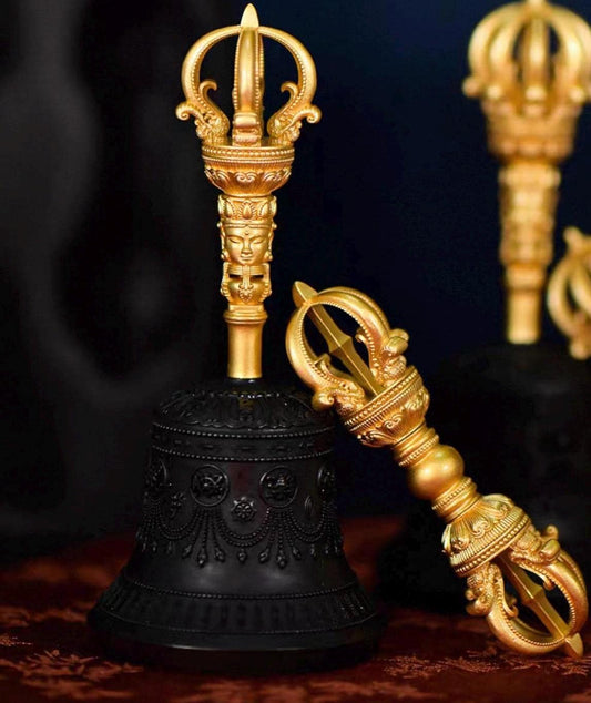 Handcrafted Tibetan Brass Bell 5 or 9 prong Dorje Set