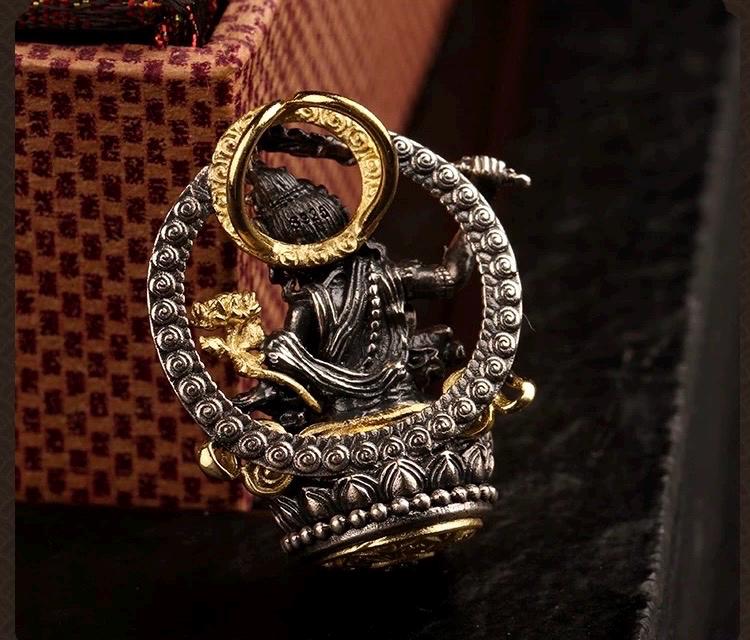 Silver Manjushri Bodhisattva Pendant with gold plated parts