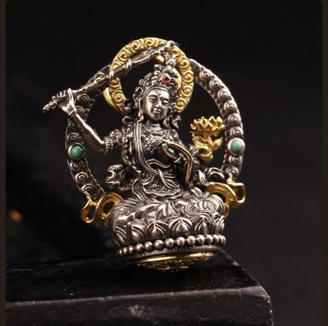 Silver Manjushri Bodhisattva Pendant with gold plated parts