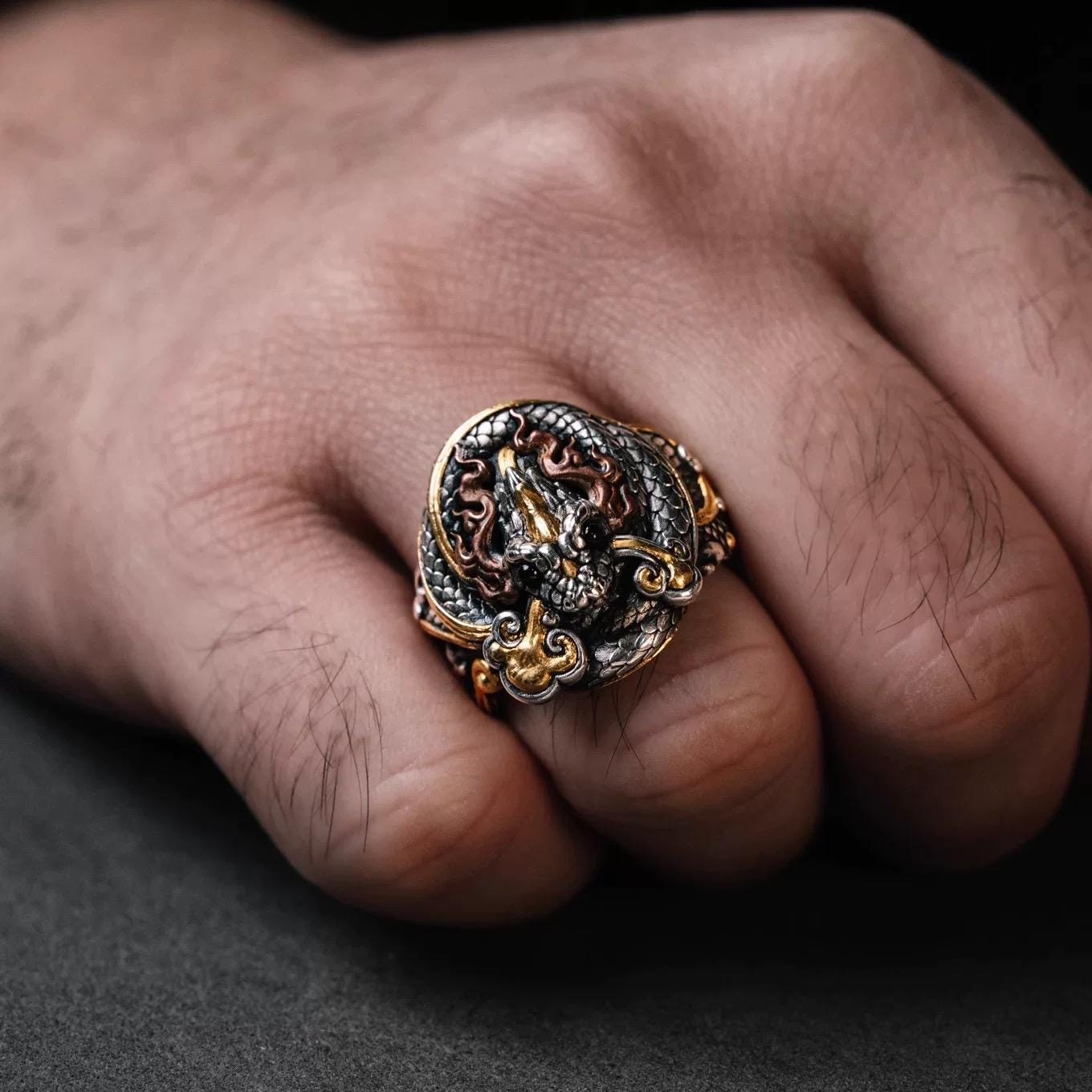 Original Green Snake Ring, Hand-Carved 925 Sterling Silver Gold Plated Men's Ring, Chinese Zodiac Year of the Snake Jewelry