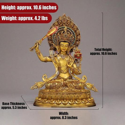 Nepal Handmade Copper Gilt Manjushri Statue, Gold Plated Bodhisattva of Wisdom, Tibetan Buddhist Altar Decor, Zen Gift
