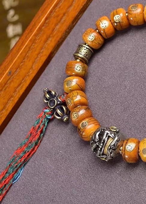 Natural Yak Bone Bracelet with Inlaid Wan Symbol, Tibetan Buddhism Mala Beads Ethnic Prayer Bead Bangle Meditative Zen Jewelry for Men Women