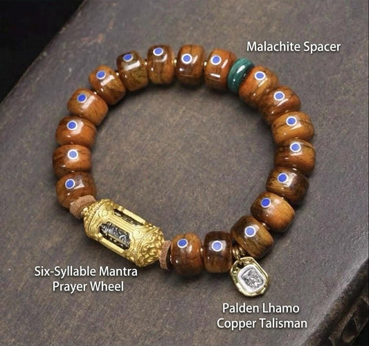 Tibetan Camel Bone Mala Bracelet: Lapis Inlaid Barrel Beads, Vintage Yak Bone Charm, Handmade Buddhist Prayer Beads for Meditation