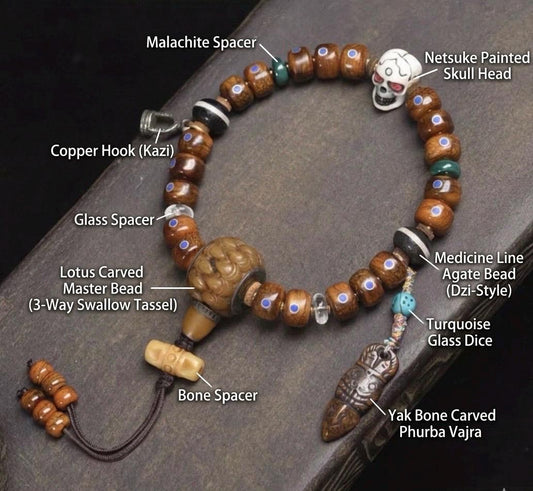 Vintage Tibetan Bone Bracelet, Inlaid Lapis Lazuli Barrel Beads, Buddhist Prayer Mala, Hand-carved Yak Bone Jewelry, Ethnic Meditation Gift