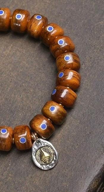 Tibetan Camel Bone Mala Bracelet: Lapis Inlaid Barrel Beads, Vintage Yak Bone Charm, Handmade Buddhist Prayer Beads for Meditation