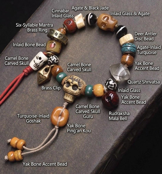 Tibetan Multi-Treasure Bracelet: Yak Bone Adai, Camel Bone Skull, Star Moon Bodhi, Agate, Dzibead Mala, Himalayan Buddhist Prayer Beads