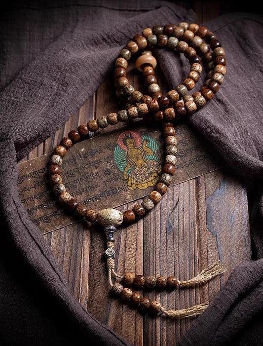 Aged Star & Moon Bodhi Seed Mala 108 Beads | Handmade Buddhist Prayer Beads | Meditation Necklace Wrap Bracelet