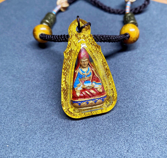 Hand-Painted Medicine Buddha Pendant Tibetan Tsa Tsa Necklace Mini Thangka Amulet Genuine Mineral Pigments Sacred Himalayan Spiritual Gift