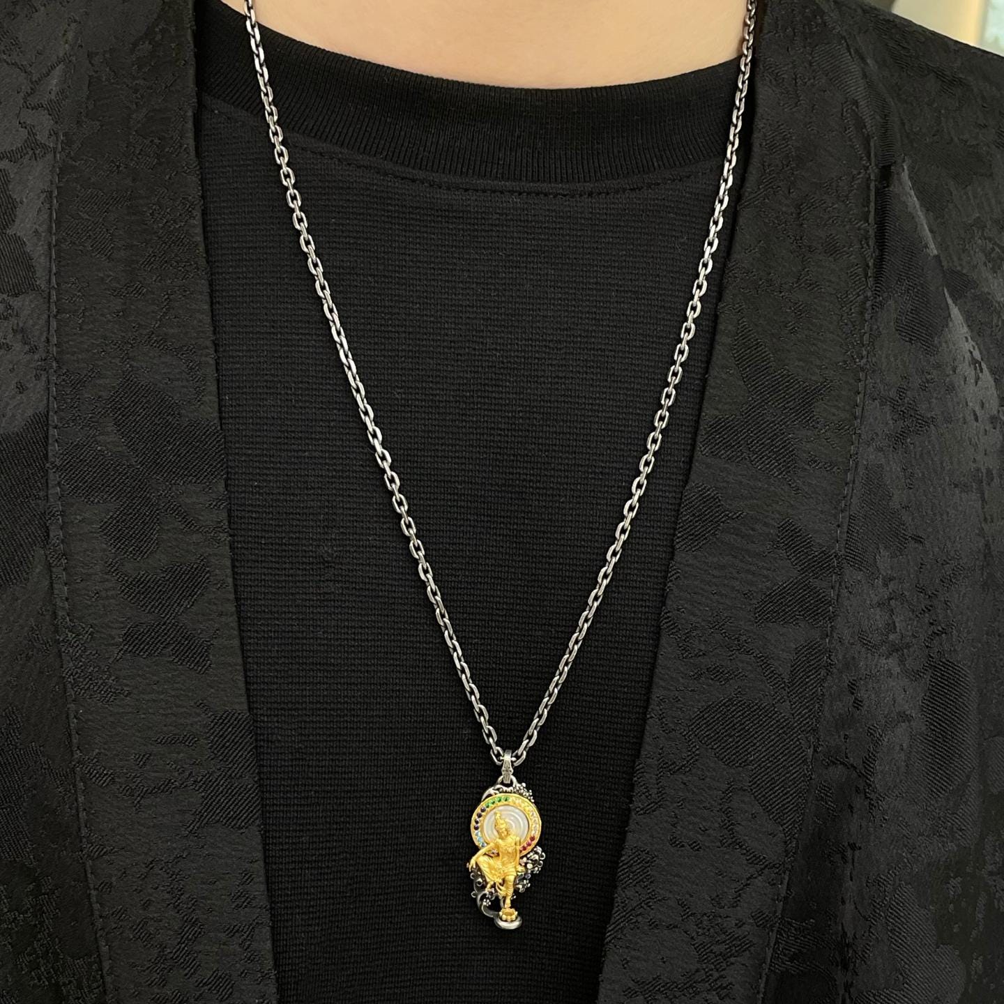 Water Moon Guanyin Pendant S925 Sterling Silver 24K Gold Plated Vintage Buddhist Necklace Handcrafted Gemstone Bodhisattva Jewelry