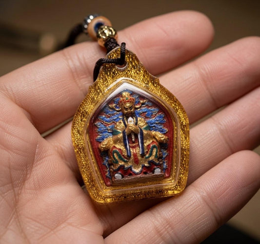 Handpainted Fifth Dragon King Tsa Tsa Pendant, Mineral Pigment Miniature Thangka, Tibetan Sacred Clay Amulet, Buddhist Protection Necklace