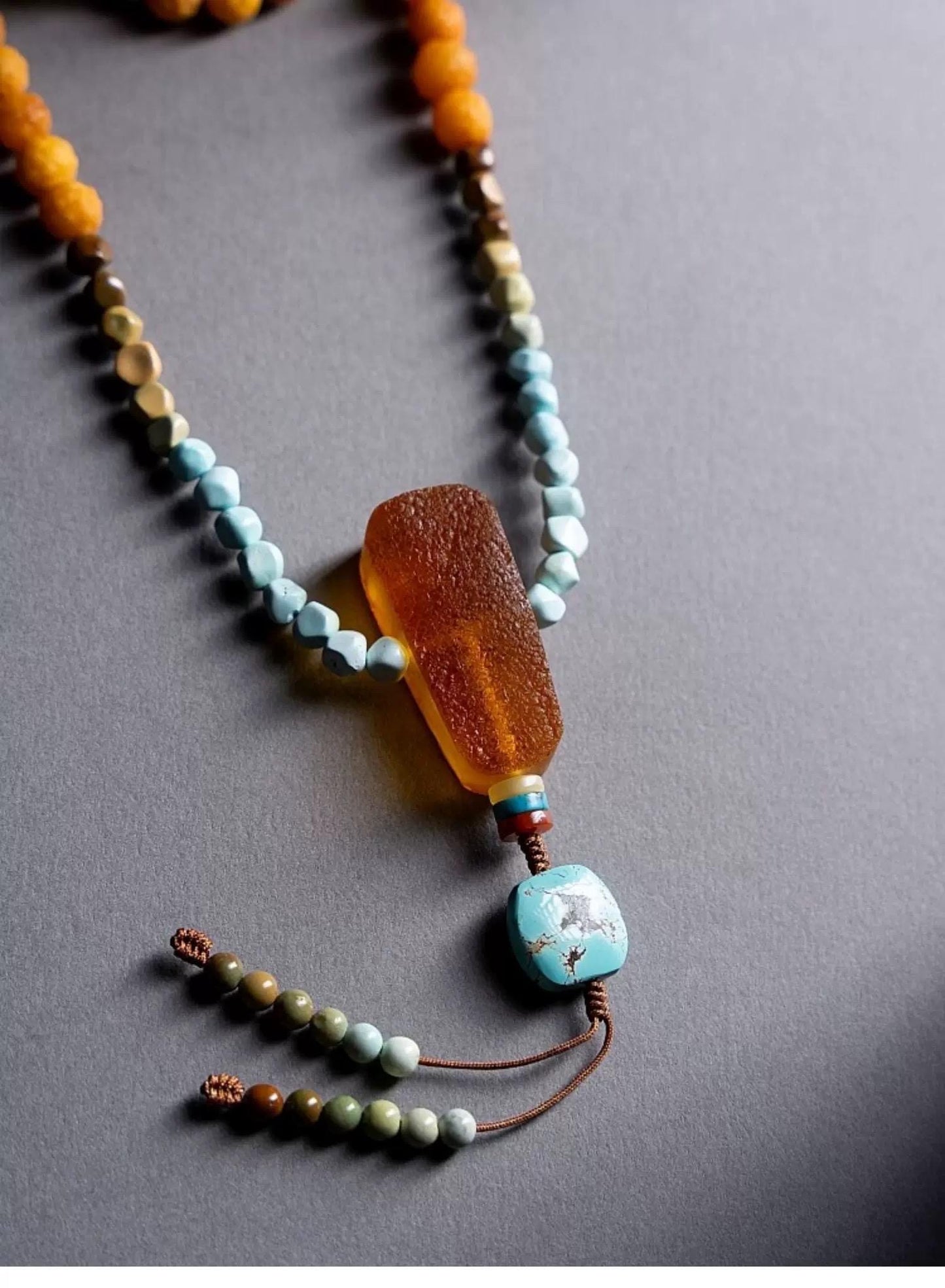 EverestArtStudiosRARE FIND One-of-a-Kind Natural Amber Mala Necklace | 108 Buddhist Prayer Beads with Turquoise, Lapis Lazuli & Gemstone Acc