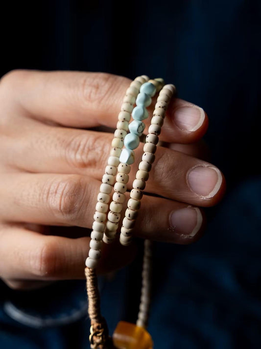 Natural 108 Bead Buddhist Prayer Mala | Multi-Wrap Meditation Bracelet | Turquoise & Brass Accents | Tibetan Inspired Spiritual Jewelry