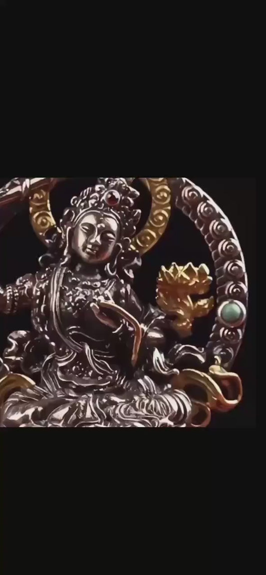 Silver Manjushri Bodhisattva Pendant with gold plated parts