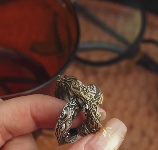 Handmade Daoist Heaven-Earth Circle Pendant, Silver & Brass Amulet Necklace with Red Zircon, Green Chalcedony