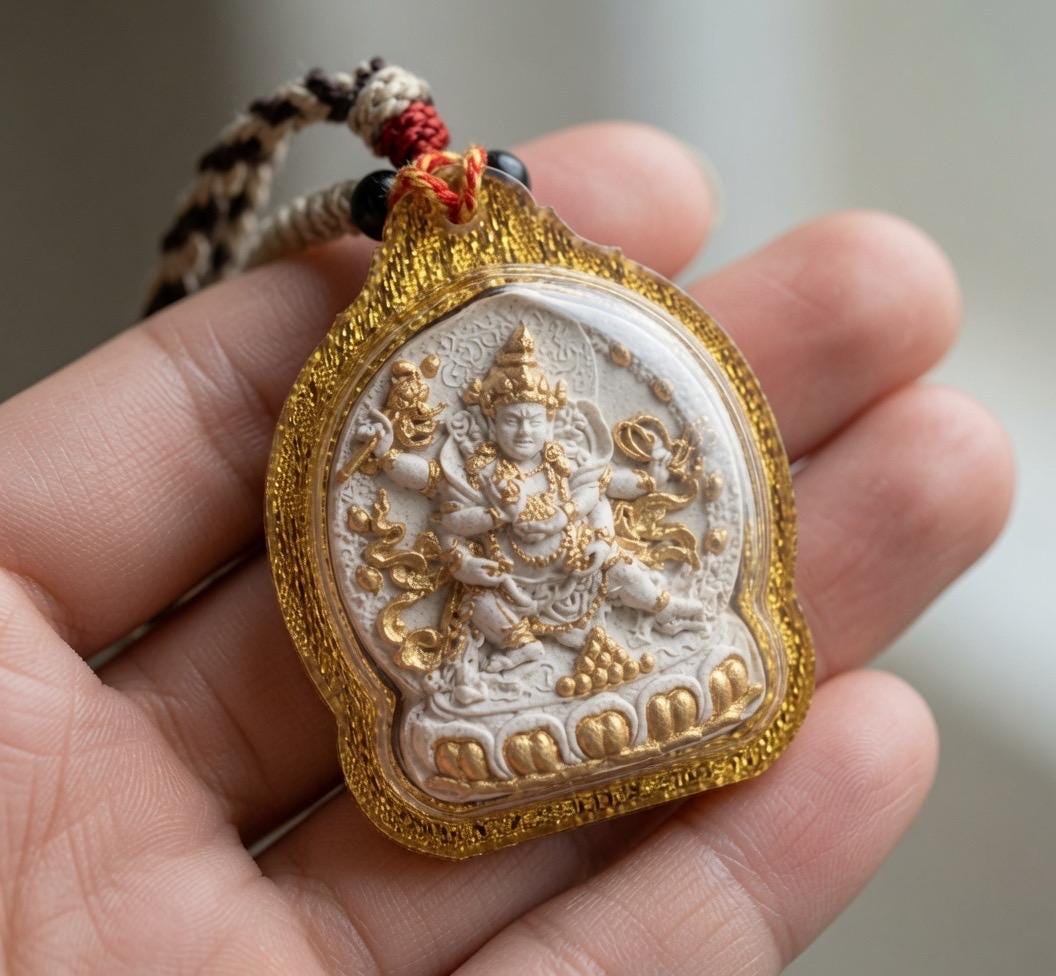 Handpainted Red Jambhala Tsa Tsa, Tibetan Wealth Deity Clay Amulet, Mineral Pigment Gau Box Pendant, Miniature Thangka Gift