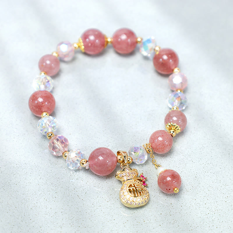 FREE Today: Love Healing Natural Strawberry Quartz Crystal Money Bag Charm Positive Bracelet