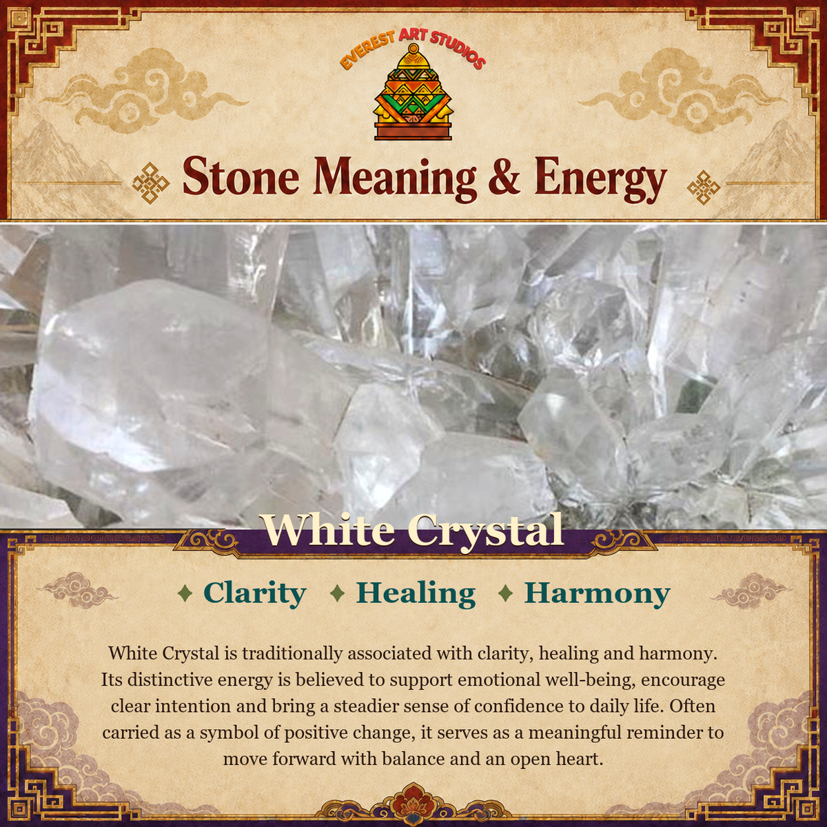 Everest Art Studios White Crystal stone meaning and energy