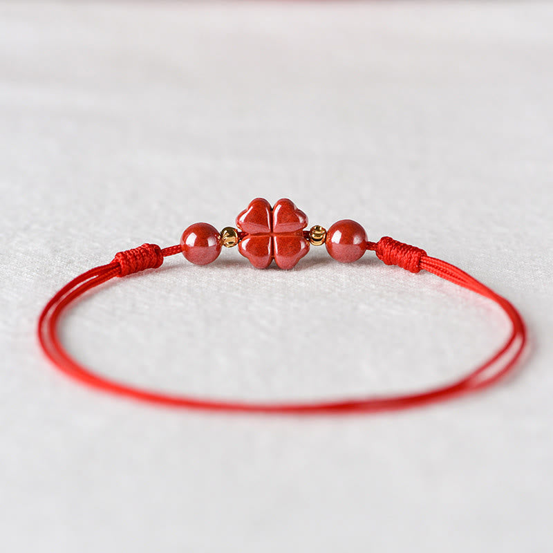 EverestArtstudios Four Leaf Clover Cinnabar Blessing Calm String Bracelet Anklet