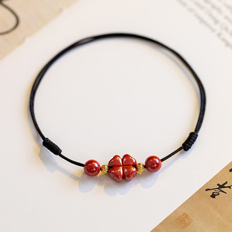 EverestArtstudios Four Leaf Clover Cinnabar Blessing Calm String Bracelet Anklet