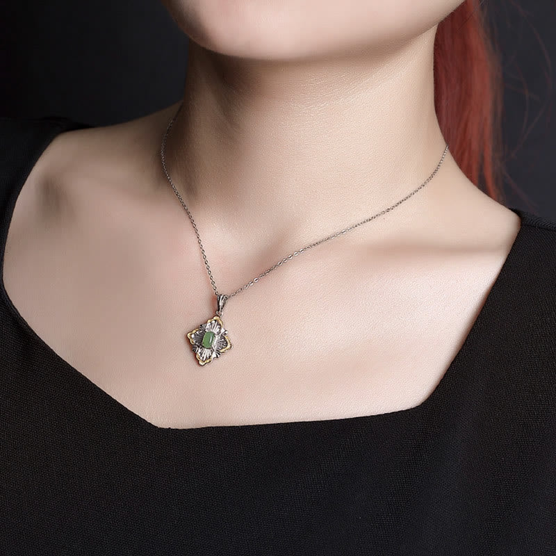 EverestArtstudios 925 Sterling Silver Plated Gold Hetian Cyan Jade Rhombus Design Luck Healing Necklace Pendant