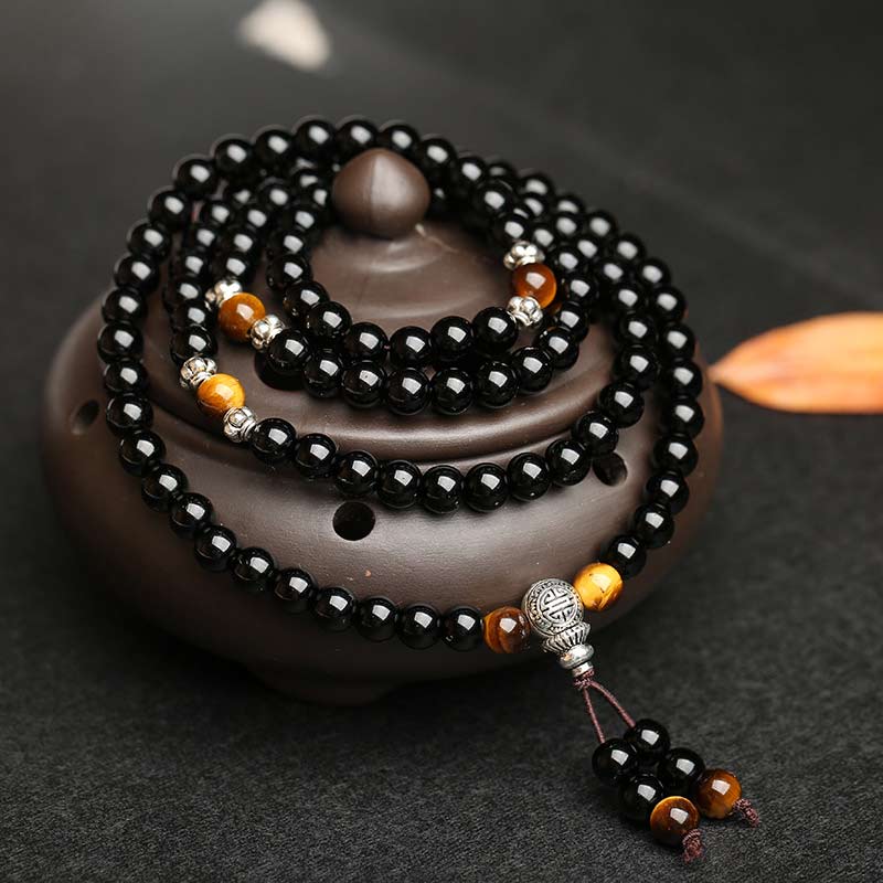 EverestArtStudios Black Obsidian Tiger Eye Blessing Mala Bracelet