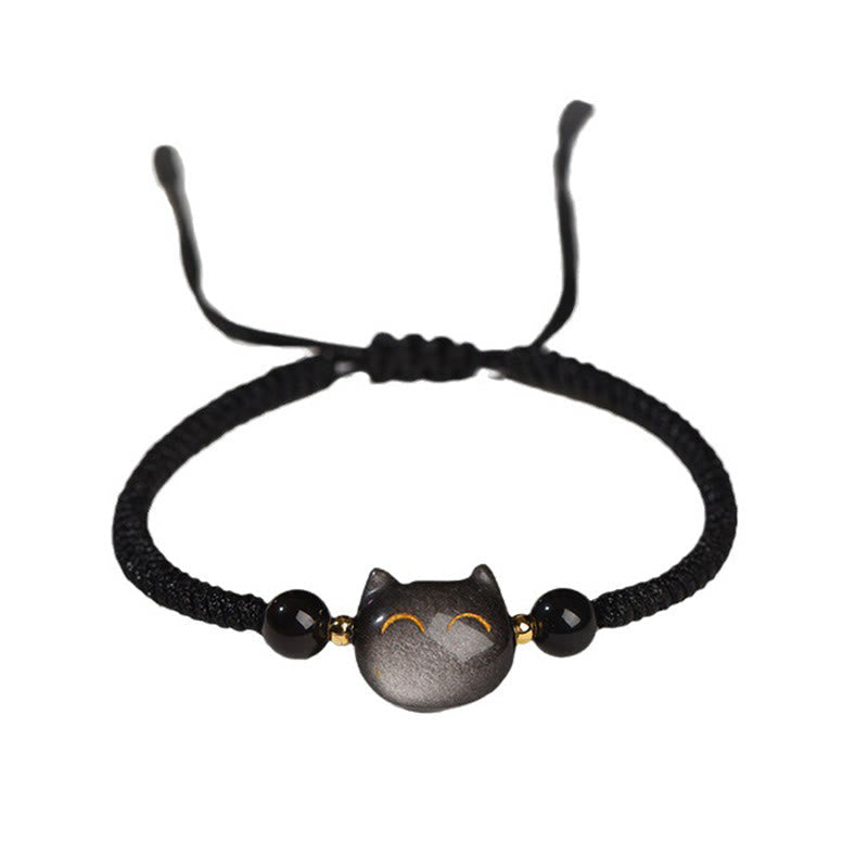 EverestArtstudios Handmade Natural Silver Sheen Obsidian Strawberry Quartz Cute Cat Protection Braided Bracelet