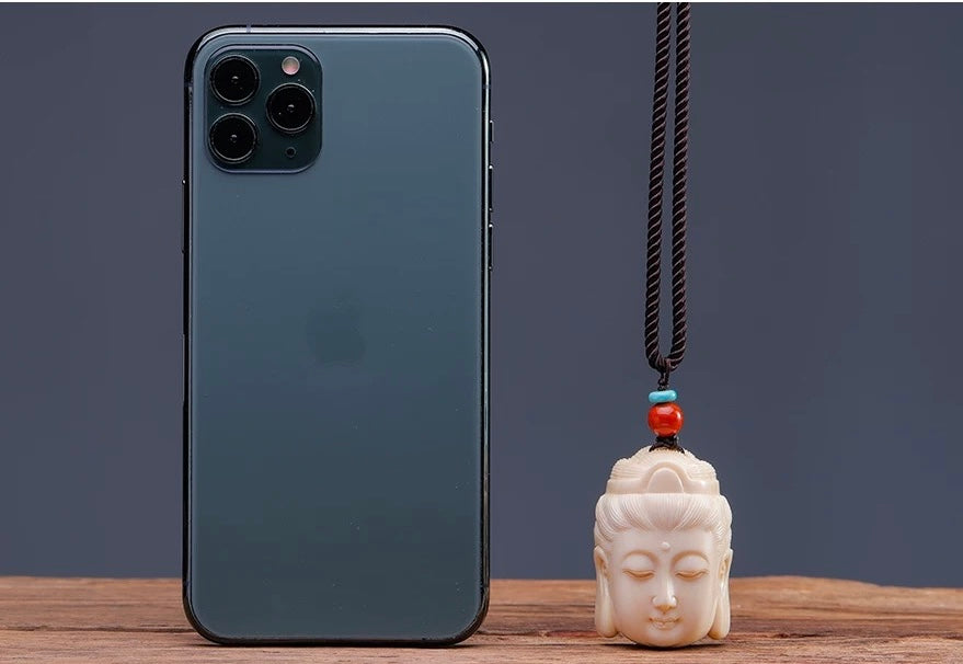 EverestArtStudios Natural Reclaimed Mammoth Ivory Guanyin Pendant, Hand Carved Buddha Head Necklace, Spiritual Amulet Gift, Meditation Jewelry
