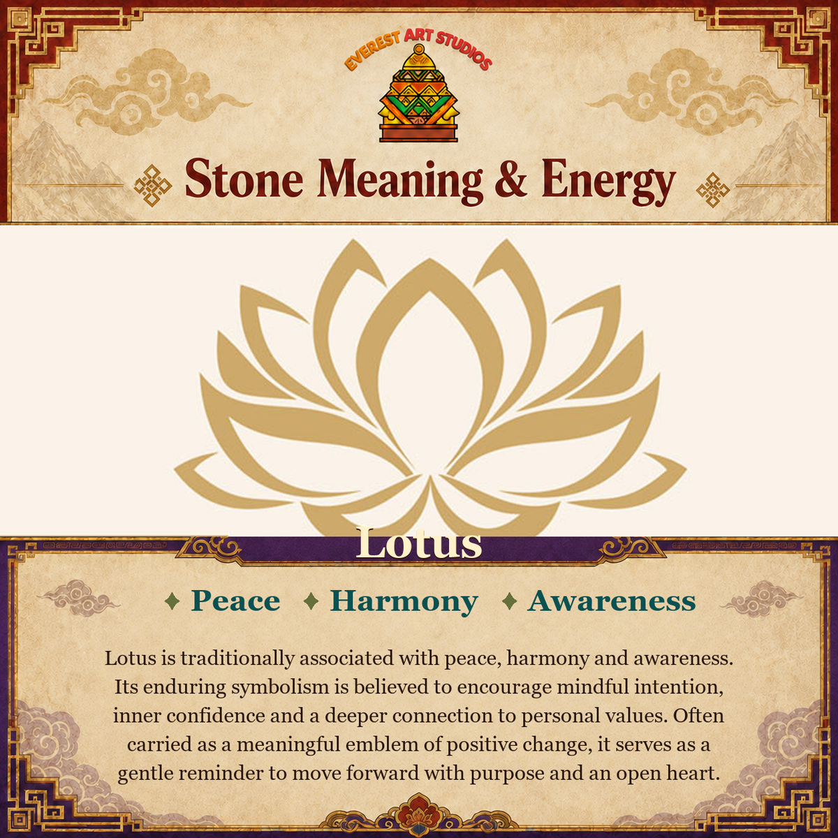Everest Art Studios Lotus stone meaning and energy