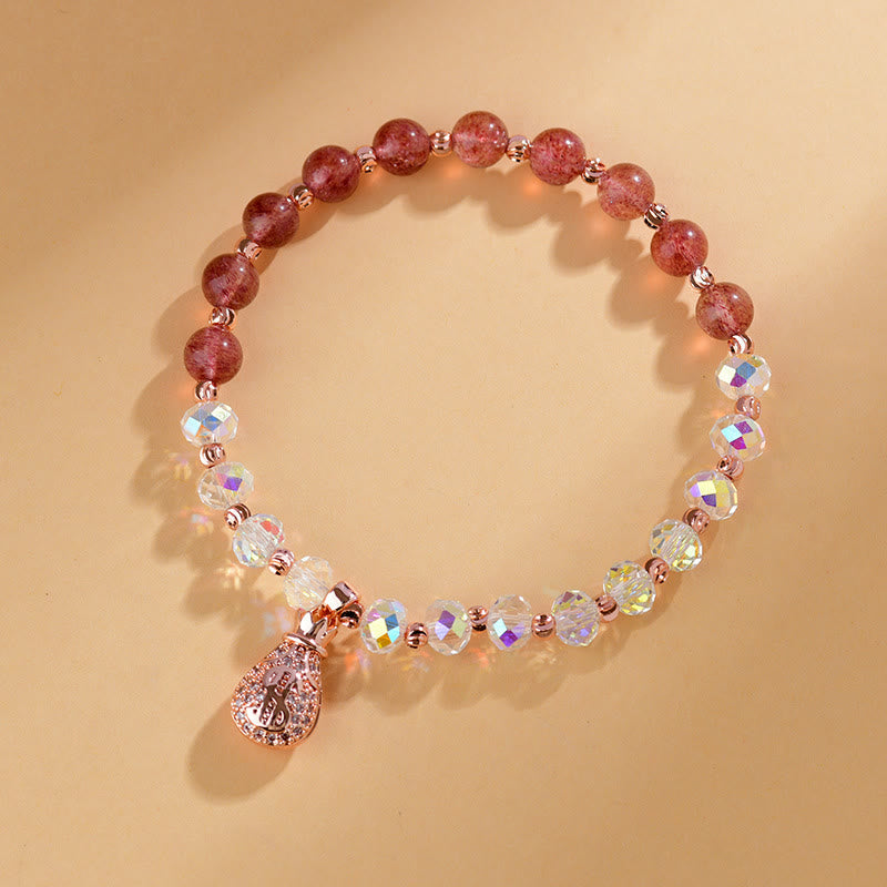 EverestArtStudios Strawberry Quartz White Crystal Money Bag Charm Positive Bracelet