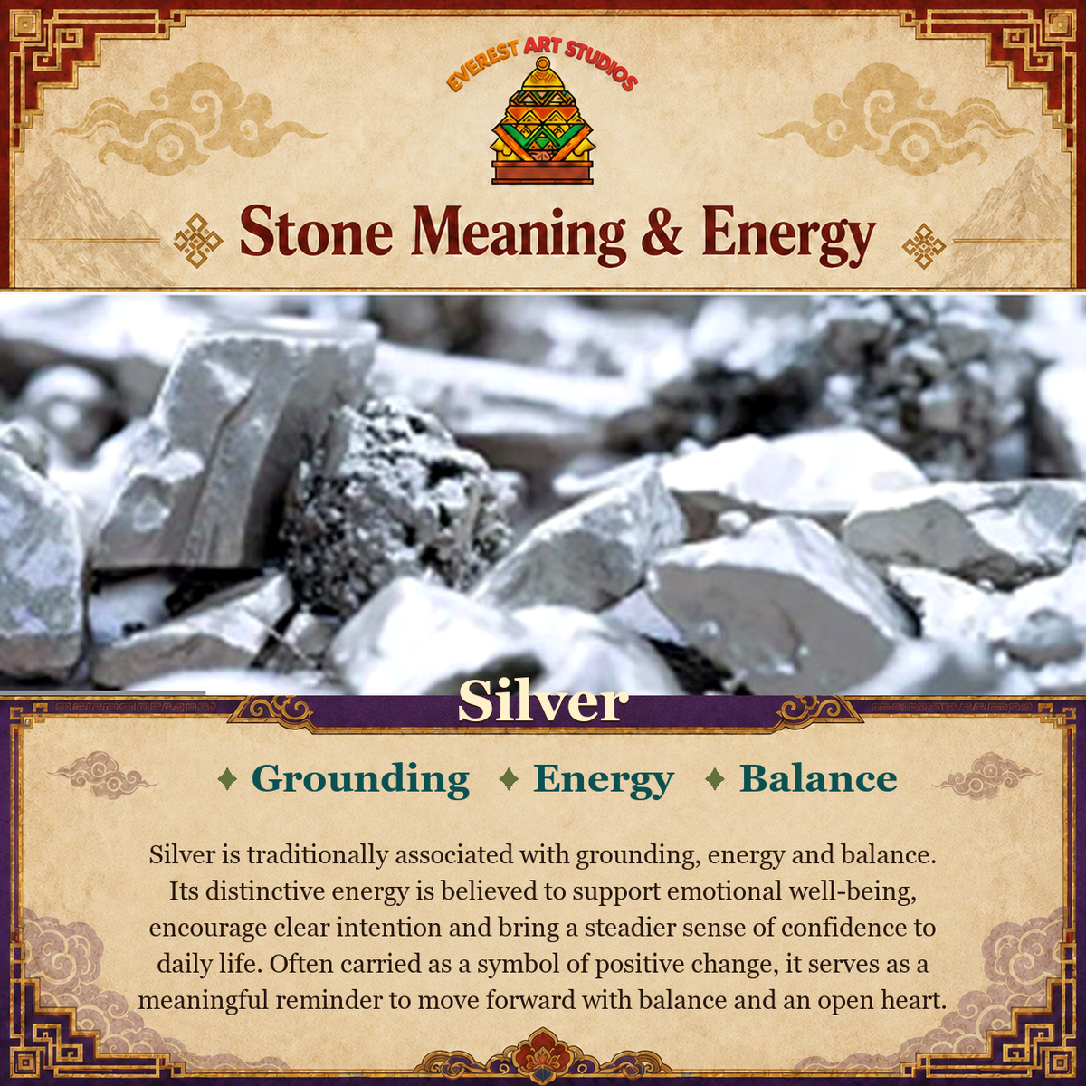 Everest Art Studios Silver stone meaning and energy